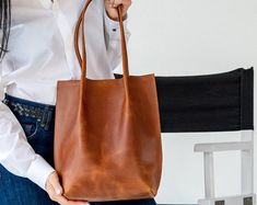 Totes - Etsy Cognac Leather Bag, Woman Shoulder, Slouchy Tote