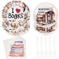 i love books and chille paper plates with forks, spoons and napkins