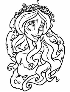 a drawing of a girl with long hair and a crown on her head, in black and