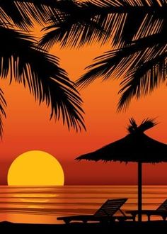 two lounge chairs under an umbrella on the beach at sunset with palm trees in silhouette