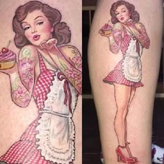 two pictures of women with tattoos on their legs, one has a cupcake in her hand and the other is holding a donut