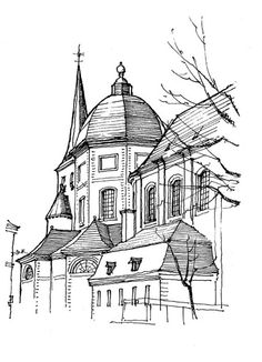 a black and white drawing of a church