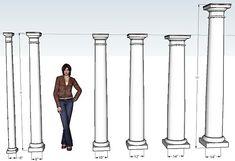 the woman is standing in front of four tall pillars with columns on each side and three smaller ones behind her