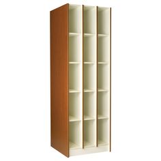 a tall wooden bookcase with white shelves