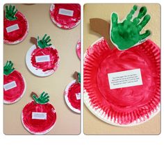 paper plates with handprints on them are shown next to each other in the shape of an apple