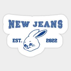 a sticker with the words new jeans est 2092 written in blue on it