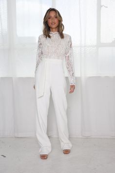 Our Willow Pantsuit in White/Nude is breathtaking! It features custom embroidered ivory lace with scalloped edges on the hemlines of sleeves and neckline. The bodice is lined with nude lining and it has a waist tie with an invisible zipper at the center back. The pants are ultra flattering and are made from a softly te Cotton Polyester Fabric, Scalloped Edges, Ivory Lace, Crepe Fabric, Invisible Zipper, Large White, Waist Tie, Bodice, Wedding Day