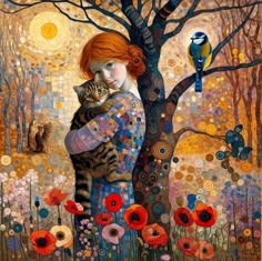 a painting of a woman holding a cat next to a tree with birds on it