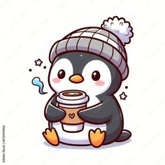 a penguin with a knitted hat holding a cup