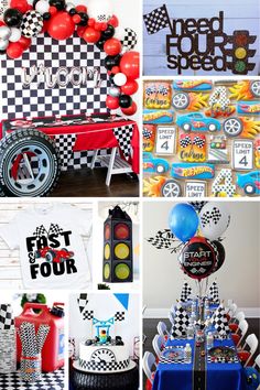 a collage of photos with cars, balloons, and desserts on display at a race themed birthday party