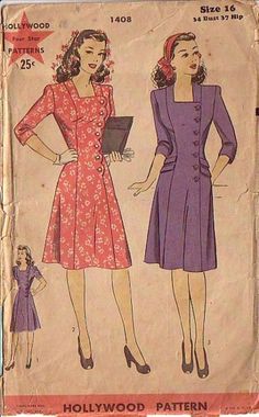 Hollywood Patterns, 1940s Dress Pattern, 1940s Hollywood, Vintage Clothes Patterns, Princess Seam Dress, 1940's Fashion, Fashion 1940s, Vintage Dress Patterns