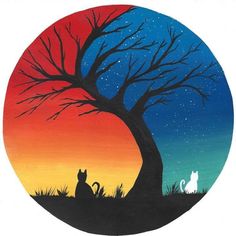 a painting of a cat sitting under a tree with the moon in the sky behind it