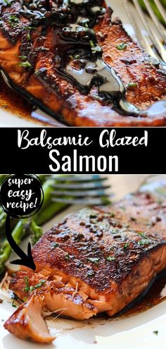 salmon and asparagus on a plate with balsamic glazed salmon