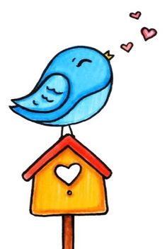 a drawing of a blue bird sitting on top of a bird house with hearts flying around