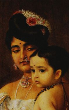 a painting of a woman holding a child in her lap and looking at the camera