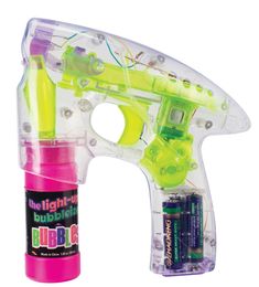 From the creative minds at Can You Imagine comes the Light-Up Bubbleizer. This clear plastic bubble-blowing toy simultaneously shoots glistening bubbles and lights up with colored lights when the trigger is pushed. The Light-Up Bubbleizer features LED technology so the lights never burn out. Includes 1 bubble gun, 3 AAA batteries, and 1.69 ounces of bottled bubble solution. • Age Grade: 3+ • Product Dimensions/Weight: 3.0 L x 7.5 W x 6.3 H / 0.92 lb • Inner Pack Dimensions/Weight: 15.9 L x 9.9 W Bubble Blowing Toys, Bubble Birthday Parties, Bubble Birthday, Bubble Shooter, Play Day, Bubble Machine, Light Show, Sensory Toys, Gifts For Boys