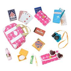 the contents of a doll's purse are laid out