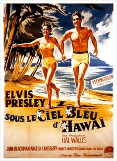 an old movie poster with two people in swimsuits running on the beach,