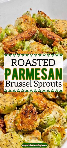 roasted parmesan brussel sprouts in a white bowl with text overlay