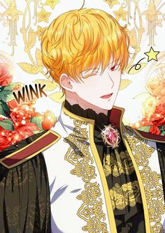 an anime character with blonde hair and black clothes, holding flowers in his hand while looking at the camera