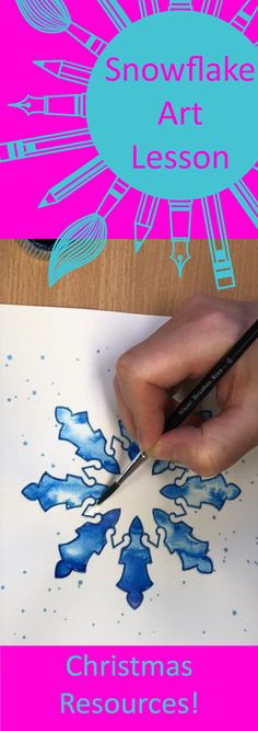 someone is drawing on paper with blue ink and the words snowflake art lesson