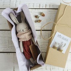 a stuffed animal in a box next to a card and some string on the table