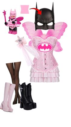 a woman in pink is dressed up as a batgirl with wings, boots and stockings