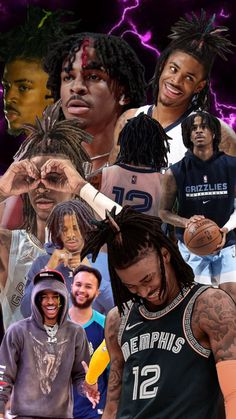 a collage of basketball players with different hair colors and tattoos on their bodies, including one wearing a hoodie