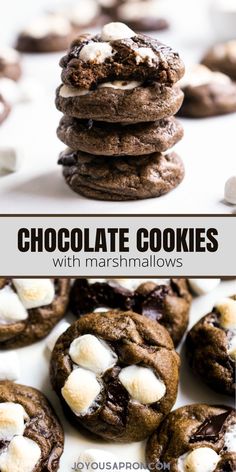 chocolate cookies with marshmallows are stacked on top of each other and the title reads, chocolate cookies with marshmallows