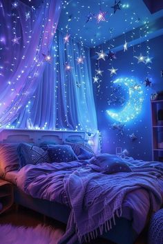 a bedroom with stars and moon lights on the ceiling