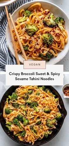 two pictures showing different types of pasta and broccoli in a skillet with chopsticks