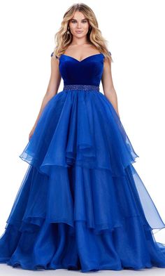 Ashley Lauren 11563 - Off-Shoulder Velvet Ballgown Velvet Ballgown, Royal Blue Evening Dress, Pageant Life, Ashley Lauren, Off Shoulder Gown, Royal Colors, Beaded Belt, Layered Skirt, Formal Party