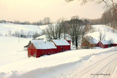 a red barn in the middle of a snow covered field with trees on both sides