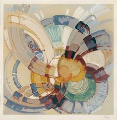 an abstract painting with multiple colors and shapes in it's center, including circles