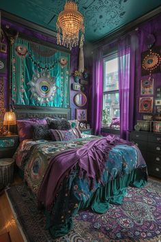 a bed room with a neatly made bed next to a window and a chandelier