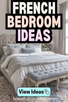 french bedroom ideas. image shows a french style bedroom with velvet headboard, bed bench and elegant rug. the bedroom features a light gray color scheme with velvet touches Timeless Bedroom Ideas, Parisian Style Bedroom, Timeless Bedroom, Beautiful Home Designs, Bedroom Style, Bedroom Styles