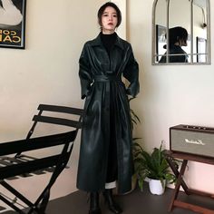 Faux Leather Trench Coat, Black Leather Coat, Pu Leather Jacket, Leather Trench, Trench Coat Black, Leather Trench Coat, Belted Coat, Spring Women, Coat Outfits