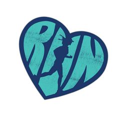 a blue heart shaped sticker with the word run on it and a silhouette of a woman running