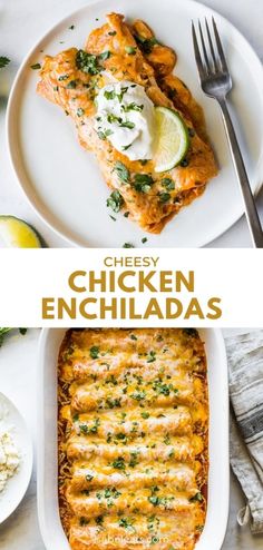 cheesy chicken enchiladas in a casserole dish on a white plate