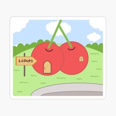 two cherries hanging from a tree with a sign in the foreground that says scours