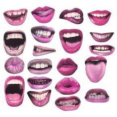 various images of mouth shapes and teeth with pink lipstick on the bottom one has white teeth