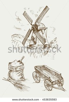 hand drawn illustration of windmill and wagon