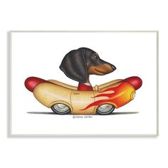 a dachshund dog riding on top of a hot dog car canvas print