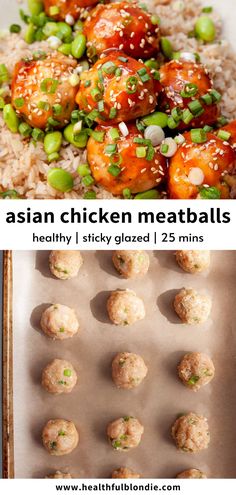 These sticky Asian chicken meatballs are sesame-glazed, moist, and super flavorful. The perfect easy and healthy under-30-minute weeknight dinner with the option to air fry or oven-bake! Bang Bang Meatballs, Easy Asian Meatballs, Baked Asian Meatballs, Healthy Chicken Meatballs, Asian Meatballs Paleo, Sticky Sesame Chicken Meatballs, Sticky Asian Chicken, Dairy Free Tomato Soup, Meatballs Healthy