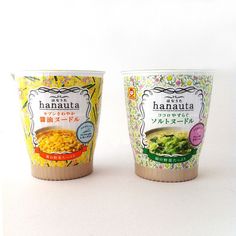 Japanese FLORAL cup noodle packaging! Japan Food Packaging, Noodle Package Design, Noodle Design, Package Pattern, Asian Packaging, Korean Noodles Package, Noodle Packaging