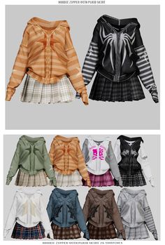 four different styles of clothes with long sleeves and bows on the front, two are shown in