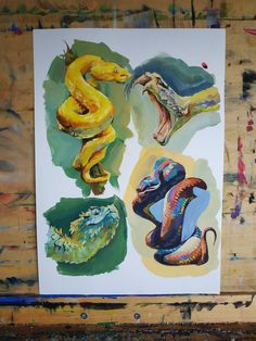 an art work with different types of snakes on the paper and paint splatters