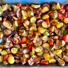 a pan filled with potatoes and other vegetables