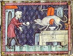 an illustration of a man feeding a dog from a bowl in a medieval style painting