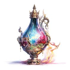 an artistic painting of a colorful vase with flames coming out of it's sides